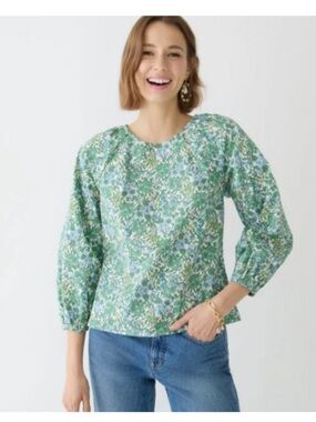 J.CREW Tie-back Stretch Cotton Poplin Top in Fete Floral Green Blue Size 8